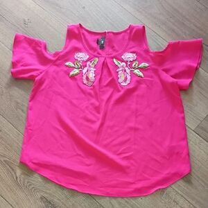 Hot Pink Cold-shoulder Top with Floral Embroidery